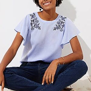 Loft Light Blue Floral Flutter Sleeves Top Blouse XXS